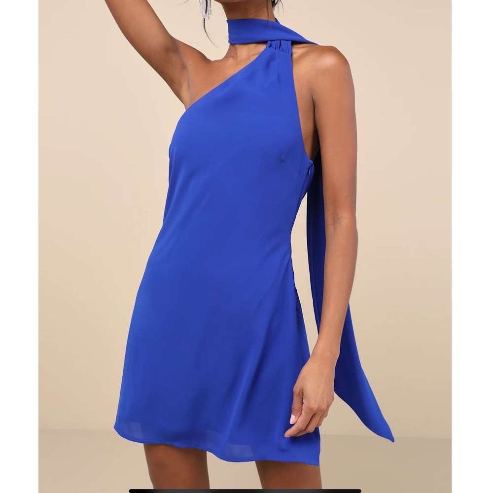 Lulus Isloda Blue One-Shoulder Backless Sash Mini Dress L